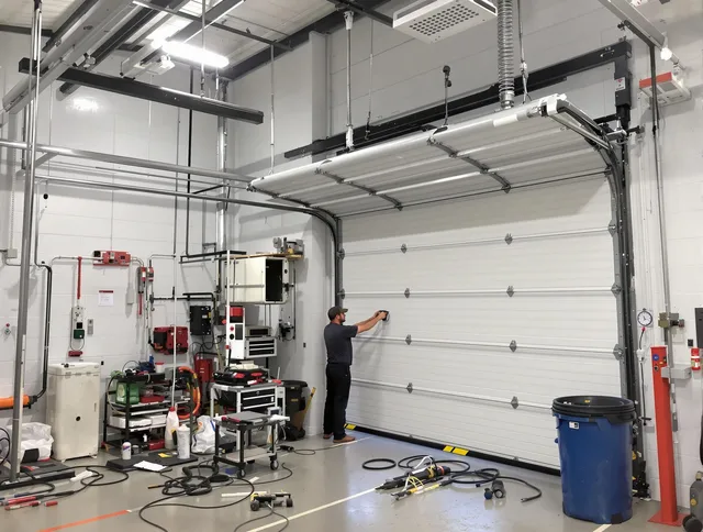 Marblehead Garage Door Repair certified technician performing commercial door repair at a Marblehead business facility