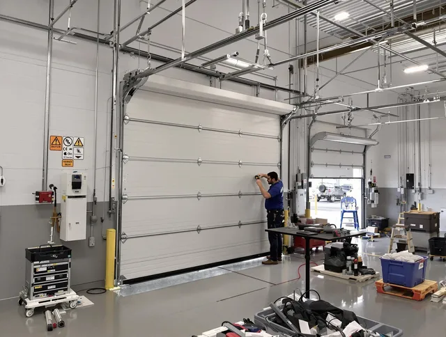 Commercial garage door repair being performed by Marblehead Garage Door Repair expert in Marblehead