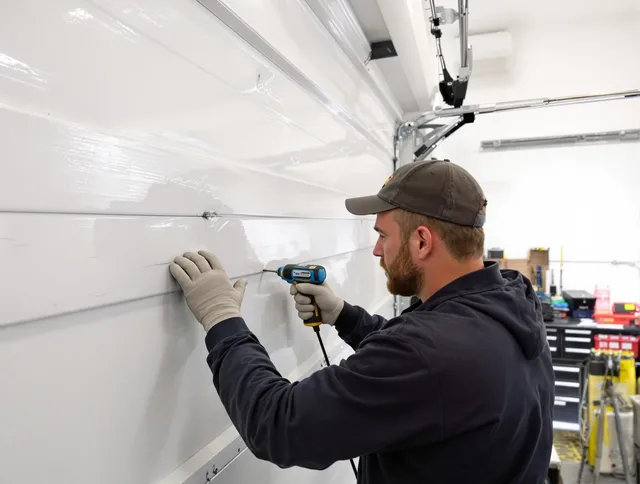 Marblehead Garage Door Repair technician demonstrating precision dent removal techniques on a Marblehead garage door