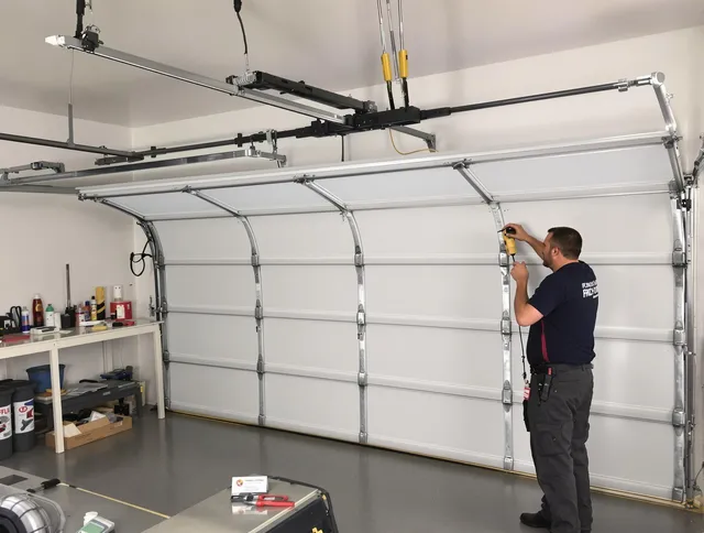 Marblehead Garage Door Repair certified technician performing overhead door system repair in Marblehead