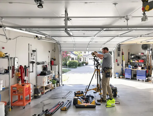 Marblehead Garage Door Repair specialist performing laser-guided track alignment in Marblehead